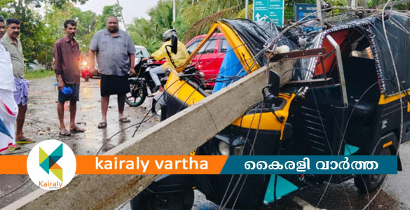 ശക്തമായ കാറ്റും മഴയും; ഉഴവൂരിൽ ഓട്ടോറിക്ഷയ്ക്ക് മുകളിൽ ഇലക്ട്രിക് പോസ്റ്റ് വീണ് ഡ്രൈവർക്ക് പരിക്ക്